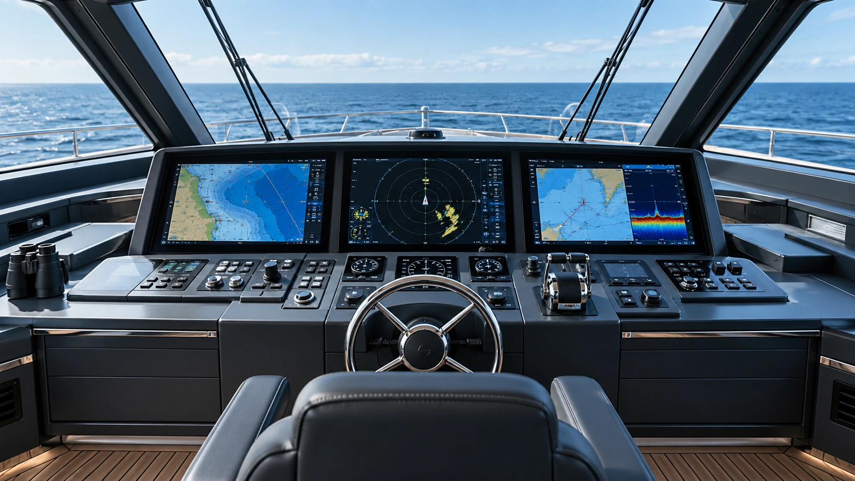 Modern vessel bridge and navigation displays looking out over the open ocean